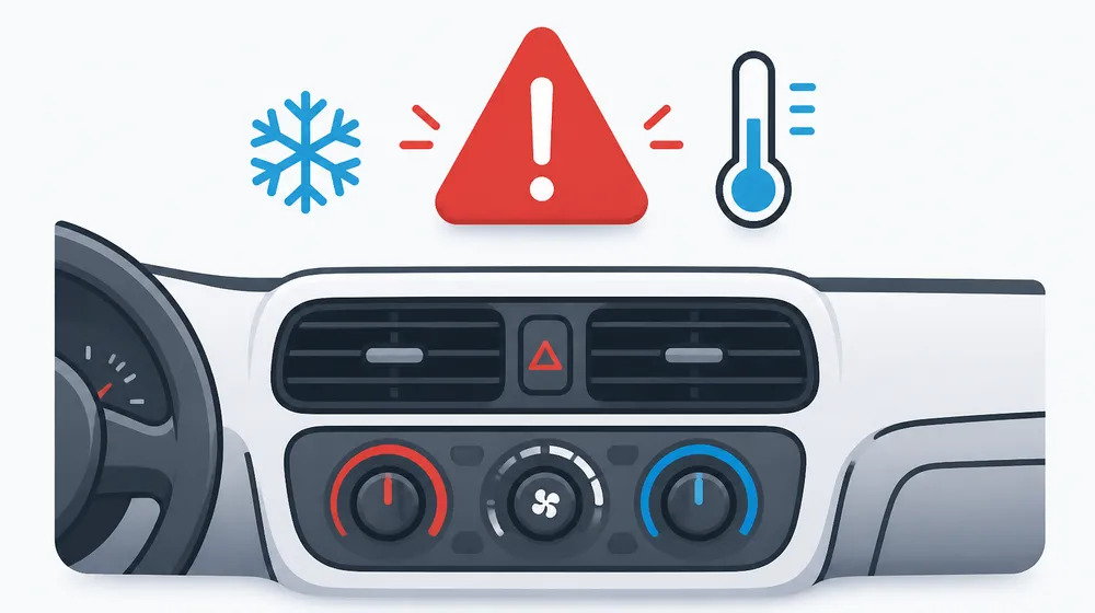 Illustration of a car dashboard with a warning triangle and thermometer icon above the air vents