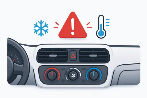Illustration of a car dashboard with a warning triangle and thermometer icon above the air vents