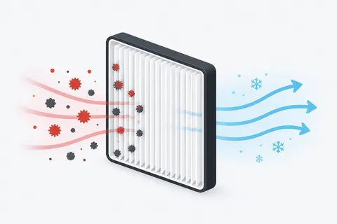 Illustration of a cabin air filter catching dust and pollen particles