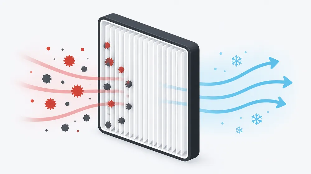 Illustration of a cabin air filter catching dust and pollen particles
