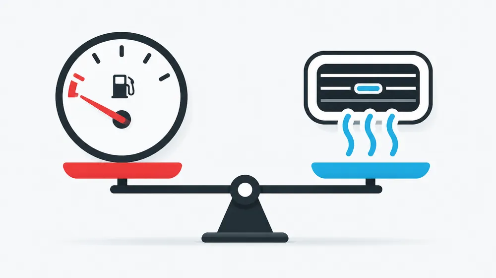 Illustration of a fuel gauge balanced on a scale against a car air con vent