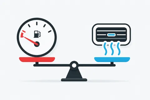 Illustration of a fuel gauge balanced on a scale against a car air con vent