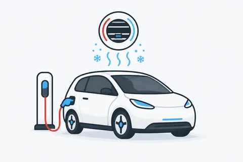 Illustration of an electric car charging, with an air vent icon above it