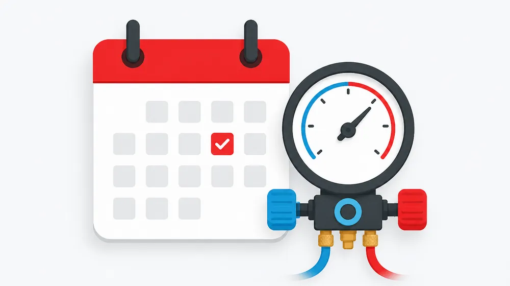 Illustration of a calendar next to a refrigerant pressure gauge