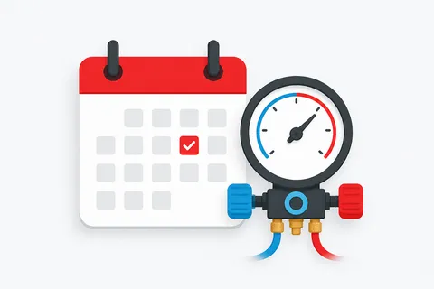 Illustration of a calendar next to a refrigerant pressure gauge