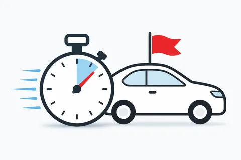 Illustration of a stopwatch next to a car with a red warning flag