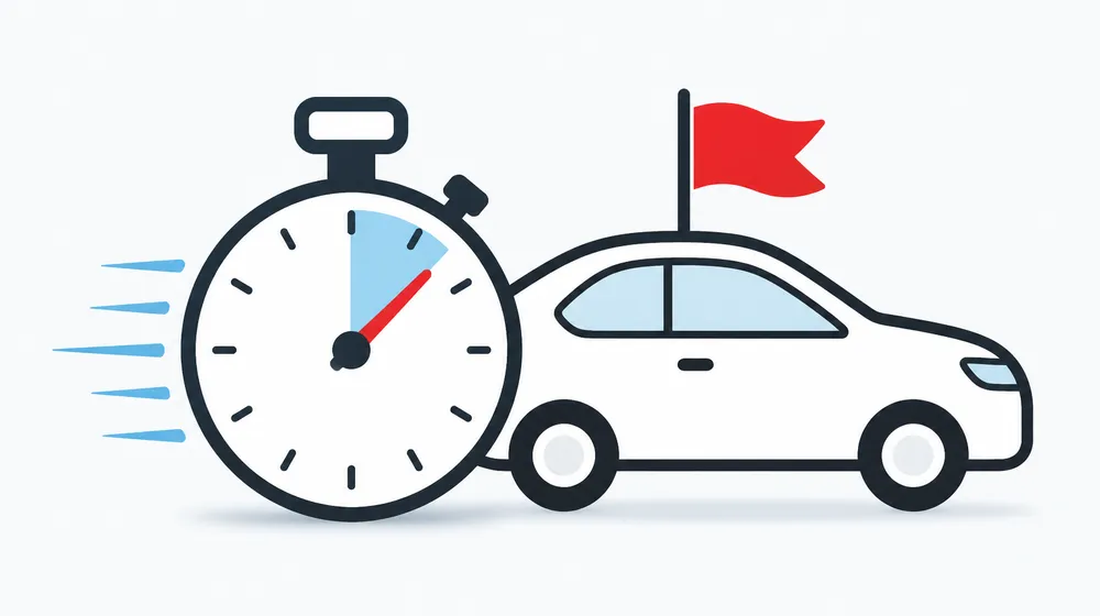 Illustration of a stopwatch next to a car with a red warning flag