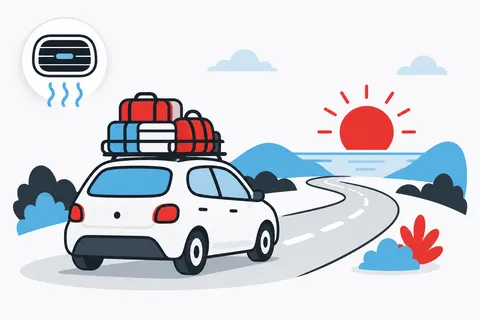 Illustration of a packed car driving along a winding road toward the sun