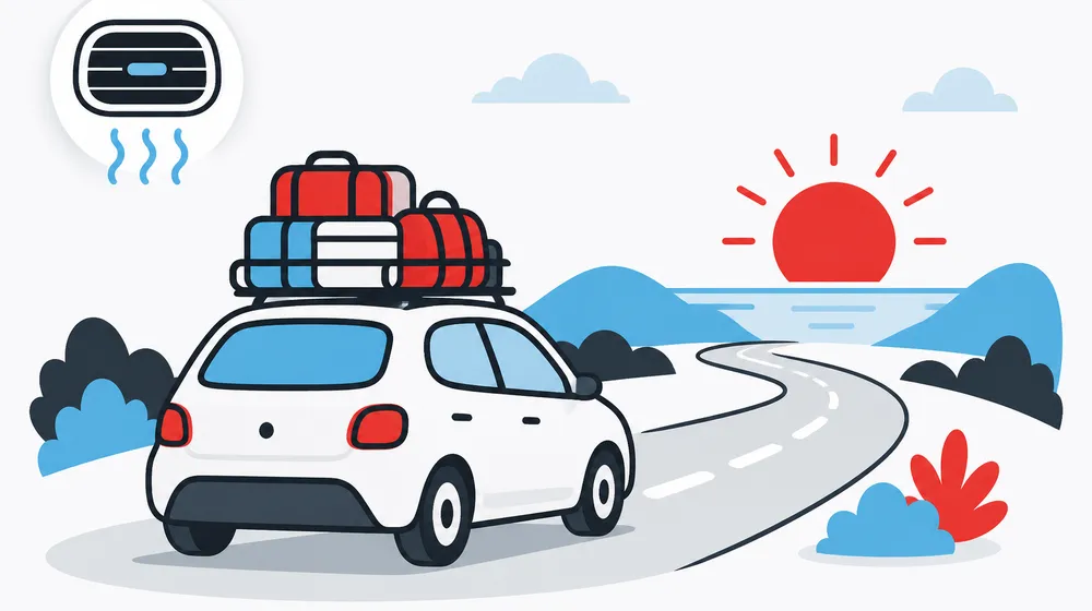 Illustration of a packed car driving along a winding road toward the sun