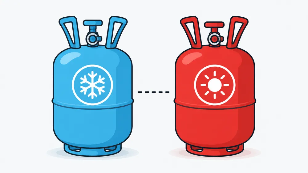 Illustration of two refrigerant gas canisters, one blue and one red, side by side