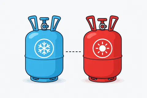 Illustration of two refrigerant gas canisters, one blue and one red, side by side