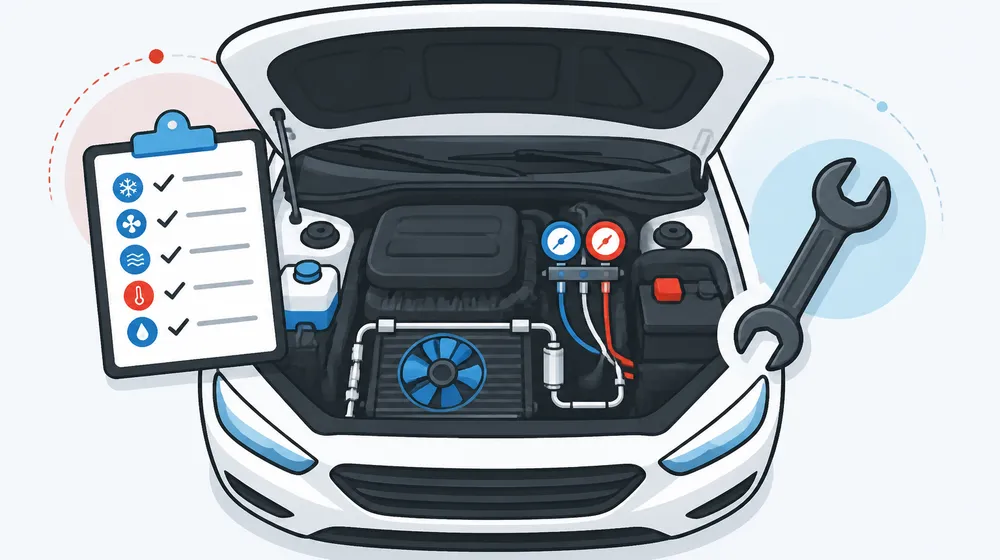 Illustration of a car engine bay with a technician's checklist and a wrench
