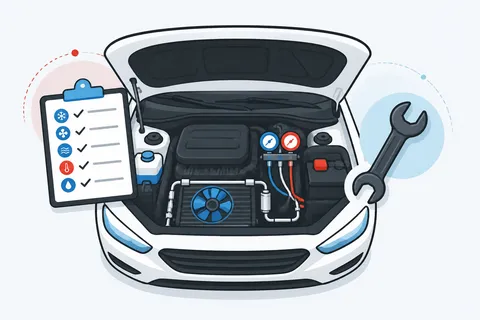 Illustration of a car engine bay with a technician's checklist and a wrench