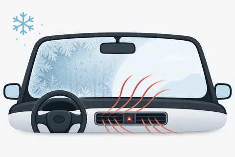 Illustration of a frosted car windscreen being cleared by warm air from the dashboard vents