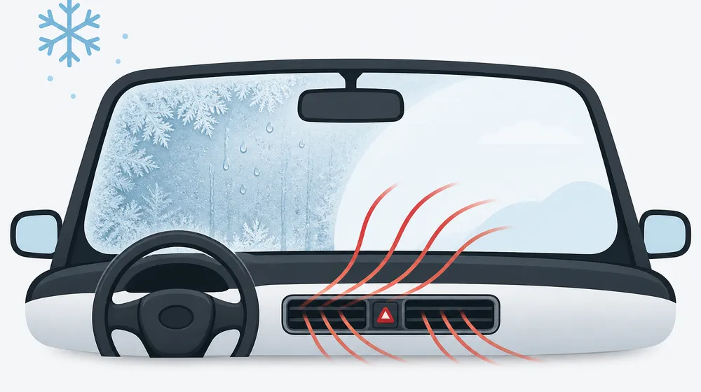 Illustration of a frosted car windscreen being cleared by warm air from the dashboard vents